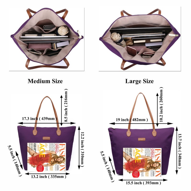 NNEE Water Resistant Light Weight Nylon Tote Bag Handbag - Medium Size, Purple - Image 4